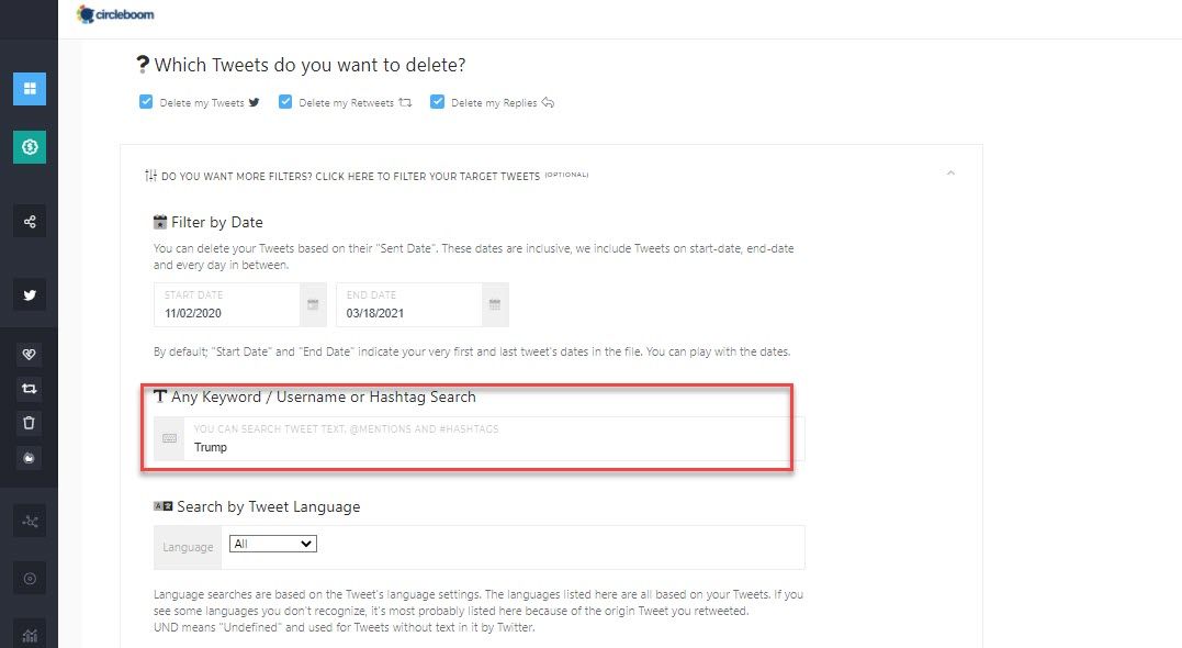 How to delete tweets by keyword