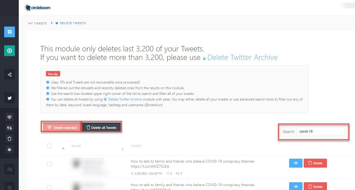 After that, you can delete all tweets from the specific time or tweets you have selected among them