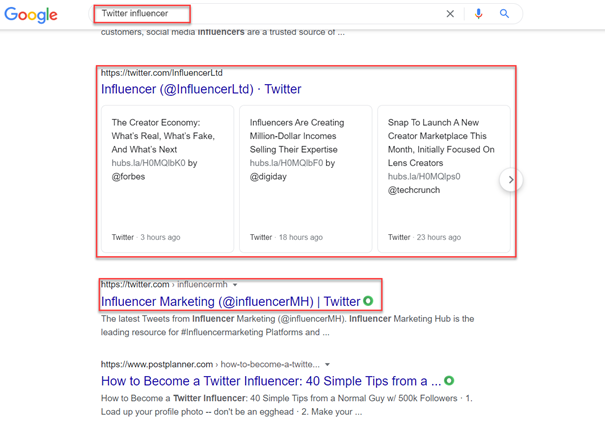 Twitter profile keywords also feed relevant search engine results