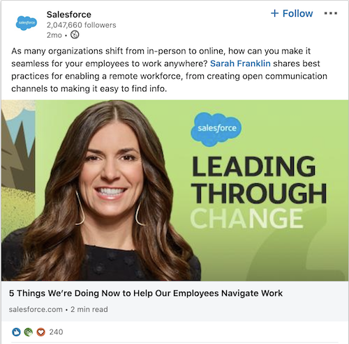 Salesforce helps its audience by posting a LinkedIn article of best practices.