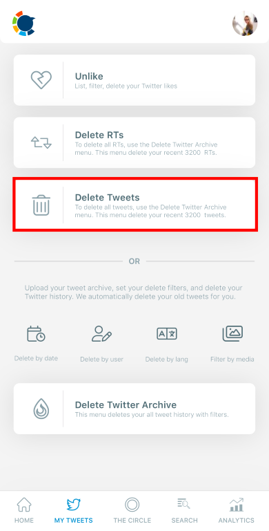 You can delete tweets with specific keywords, unlike your likes, or delete tweets in bulks to get organized on Twitter with Circleboom Twitter iOS App.