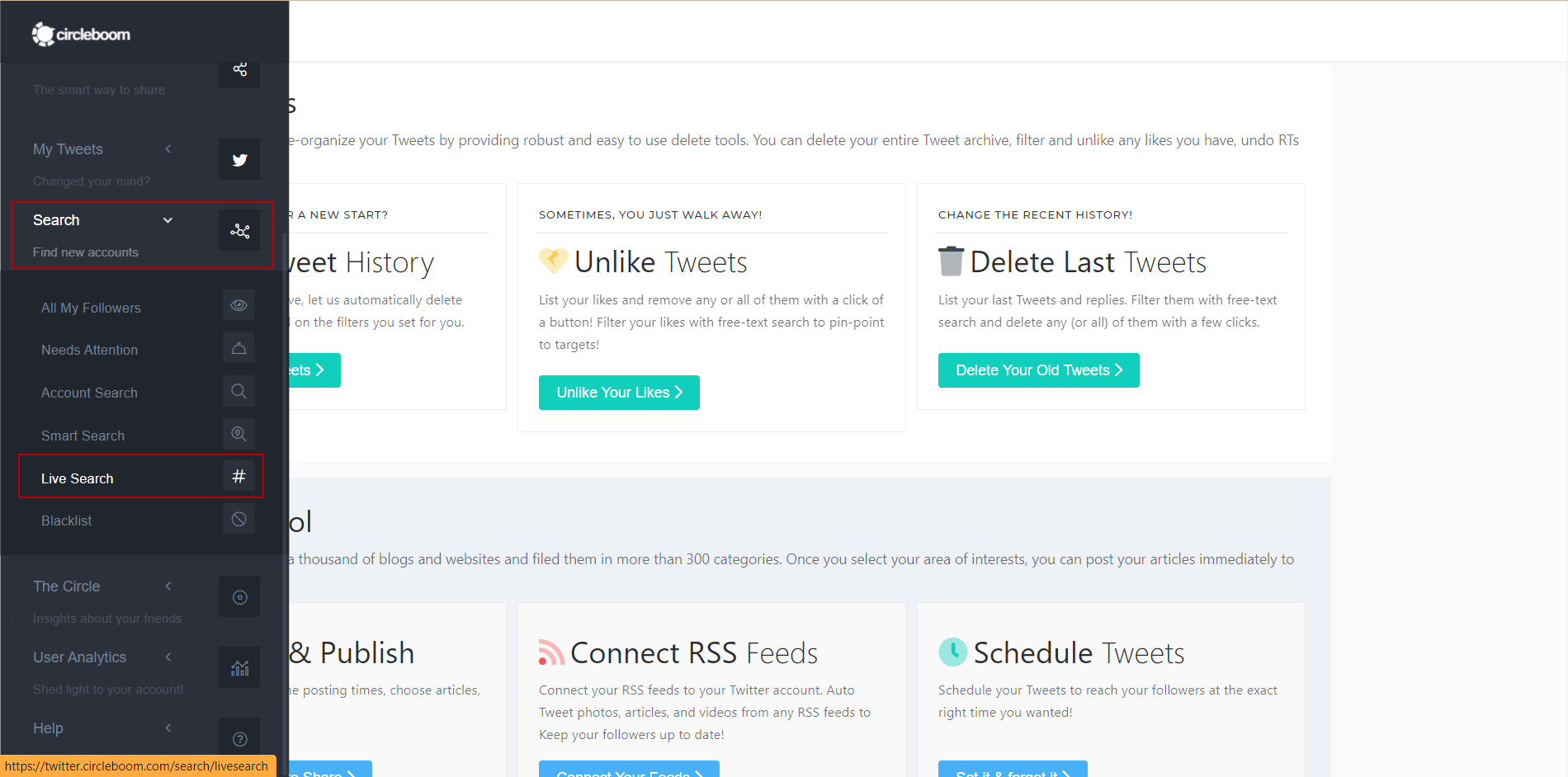 Circleboom Twitter's Live Search Tool both functions as a hashtag tracker and keyword tracker.