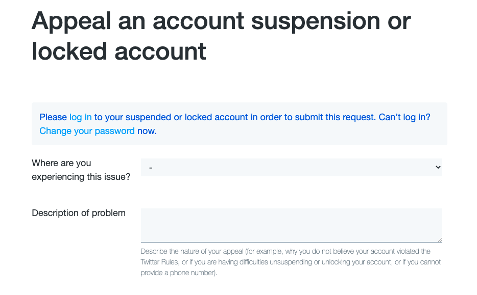Restoring a suspended Twitter account by filing an appeal