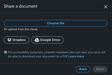 You can upload documents from your computer, Google Drive, or Dropbox
