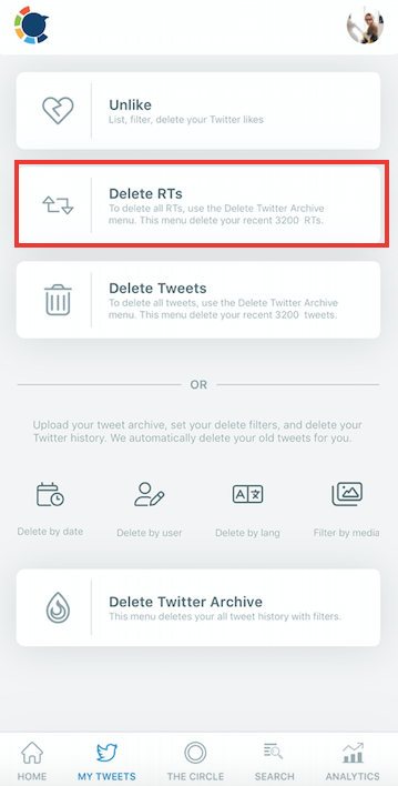 You can delete retweets on iPhone by listing all your retweets and filtering them using various filtering options of Circleboom Twitter