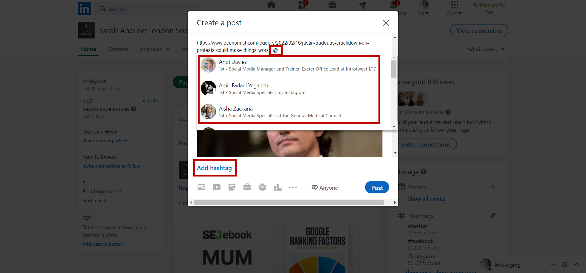 You can tag people or use hashtags to reach more audience with your article on LinkedIn