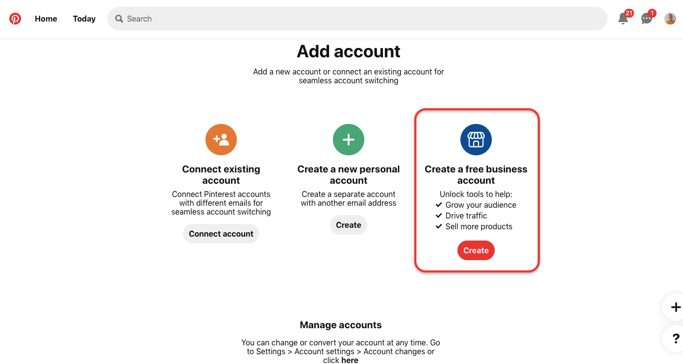 To have a linked business account on Pinterest you can click on "create" button under the create a free business account part.