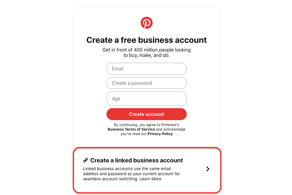 You can navigate the page to create a linked business account by clicking on the marked box. 