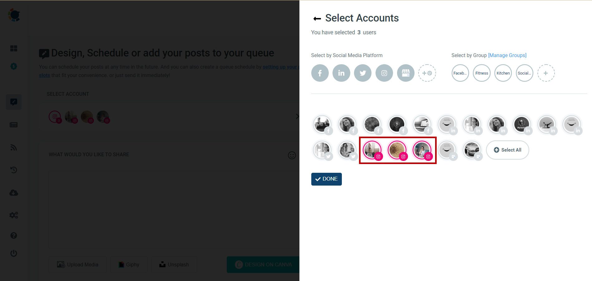 Selecting multiple Instagram accounts is possible on Circleboom.