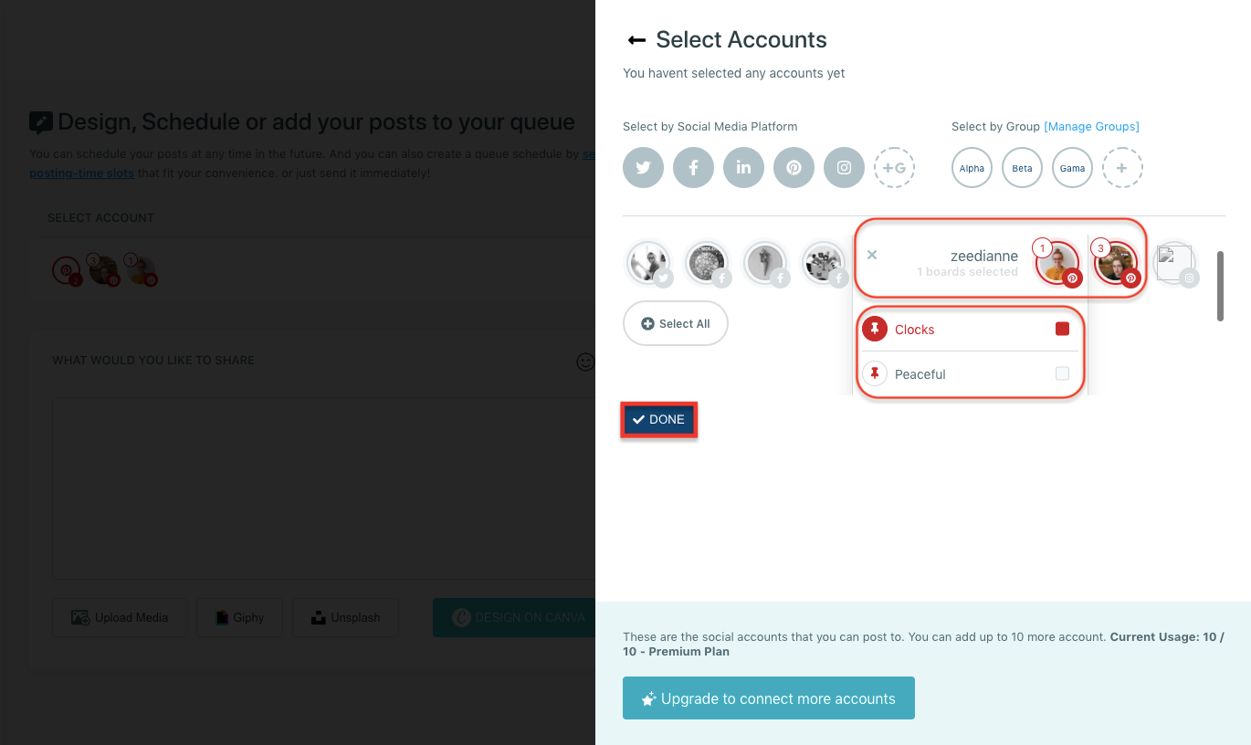 You can select multiple accounts and boards.