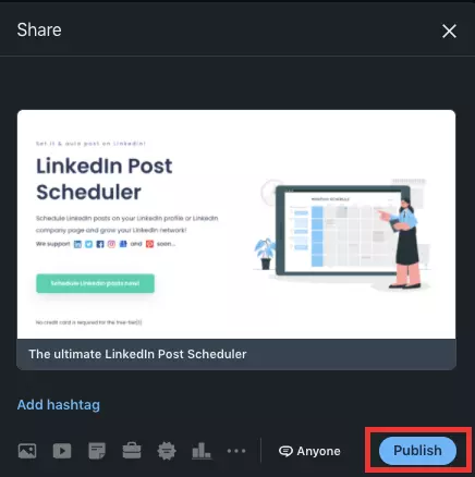 You can add hashtags to your post. When your post is ready, click on "Publish" and share your LinkedIn article.