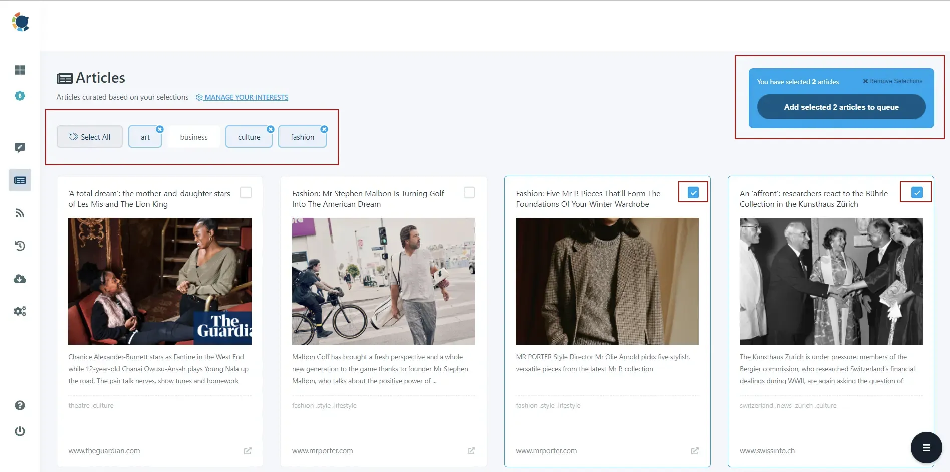 article curation dashboard where you can find and share quality articles to linkedin