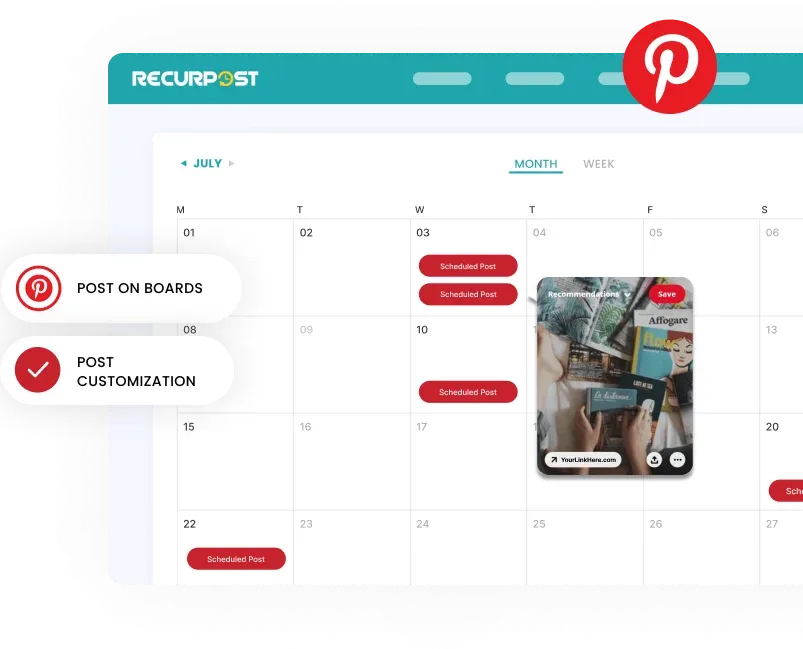 RecurPost helps manage and schedule your Pinterest calendar while boosting your pin performance