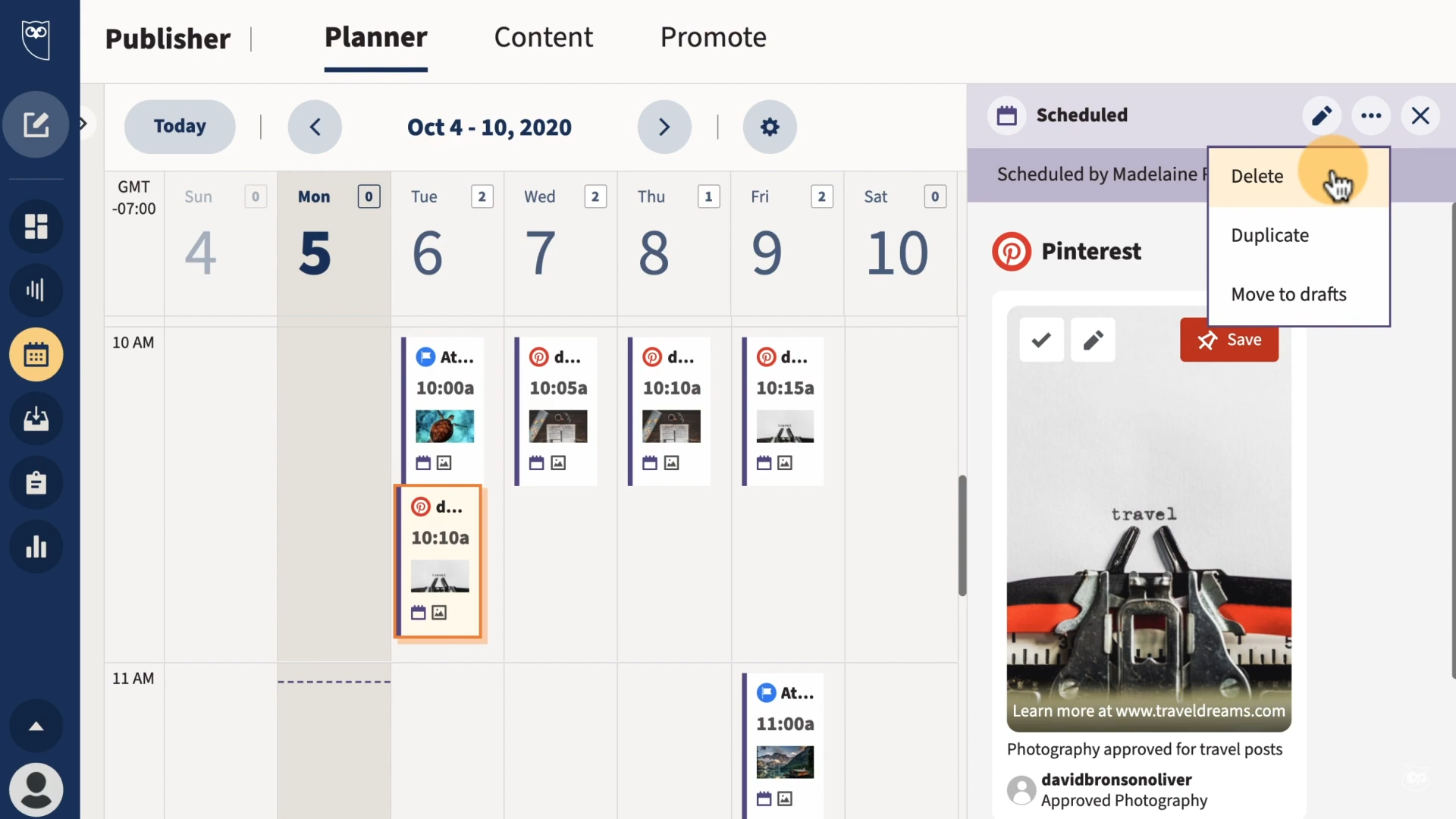 Hootsuite Pinterest dashboard presents a colorful social calendar to manage your Pinterest posts