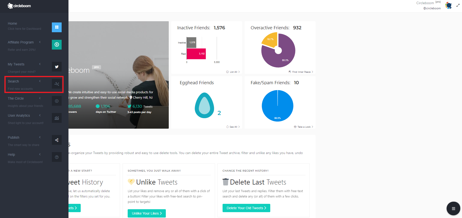 Circleboom Twitter dashboard allows searching verified followers on Twitter