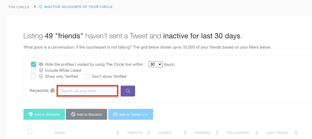 You can reach the list of inactive acoounts you are following via the Circle tool.