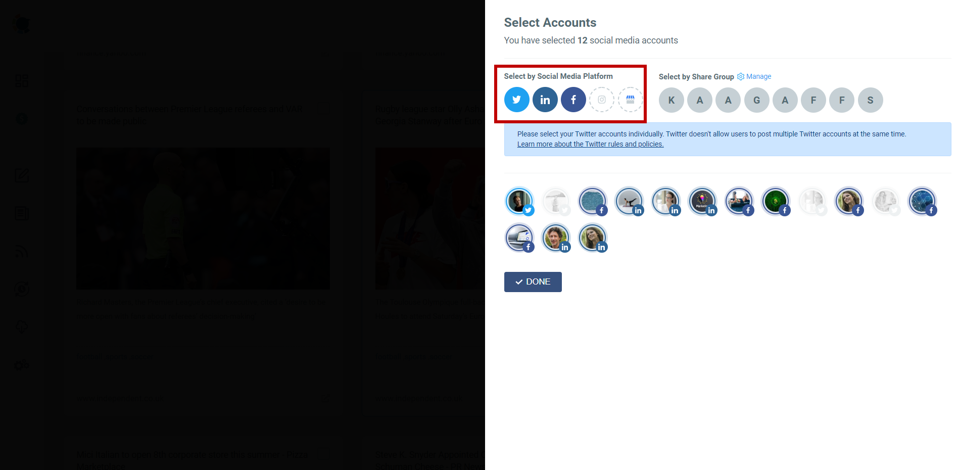 Select your multiple Facebook, Twitter, and LinkedIn accounts.