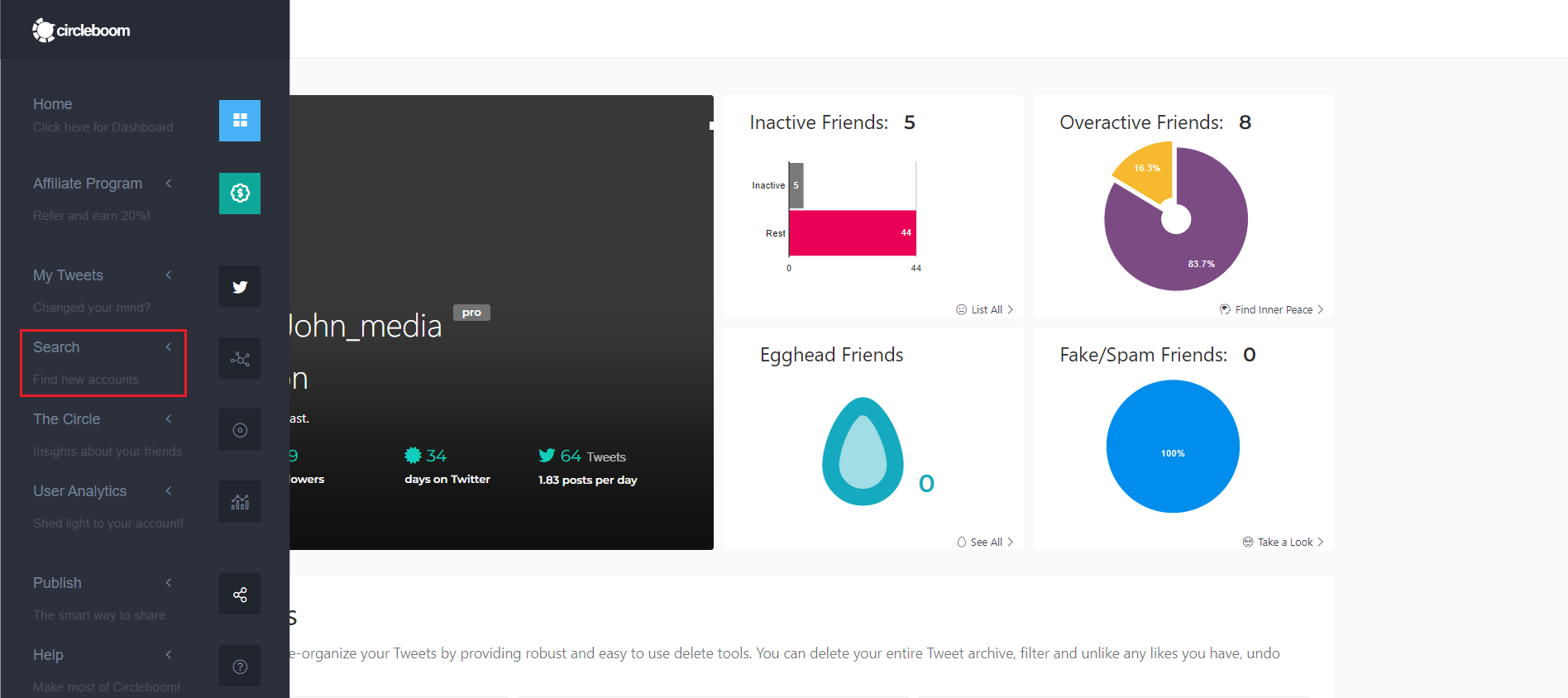 You can review the stats of your Twitter account on Circleboom dashboard