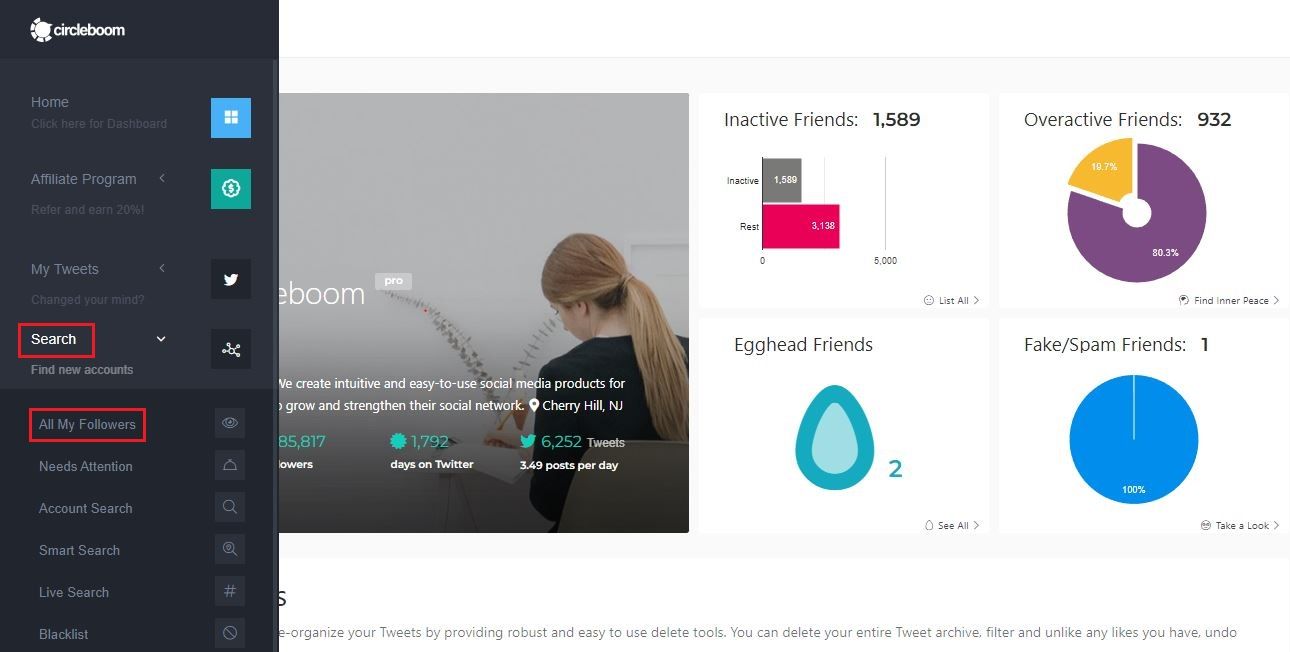 Circleboom Twitter dashboard lets you view all your followers including fake ones