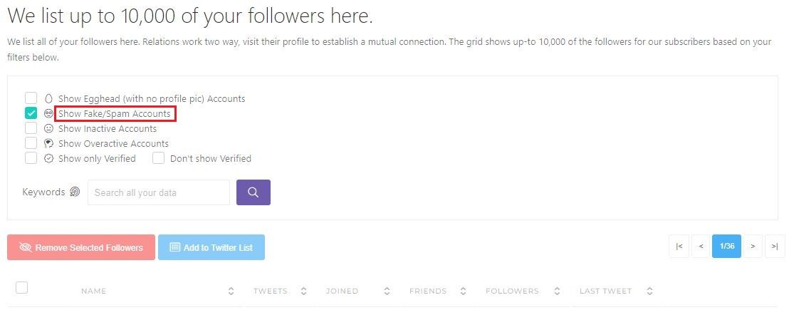 Circleboom Twitter allows you to list fake followers and remove them at once