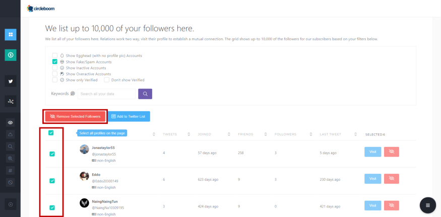 Circleboom Twitter allows you to remove fake followers in seconds