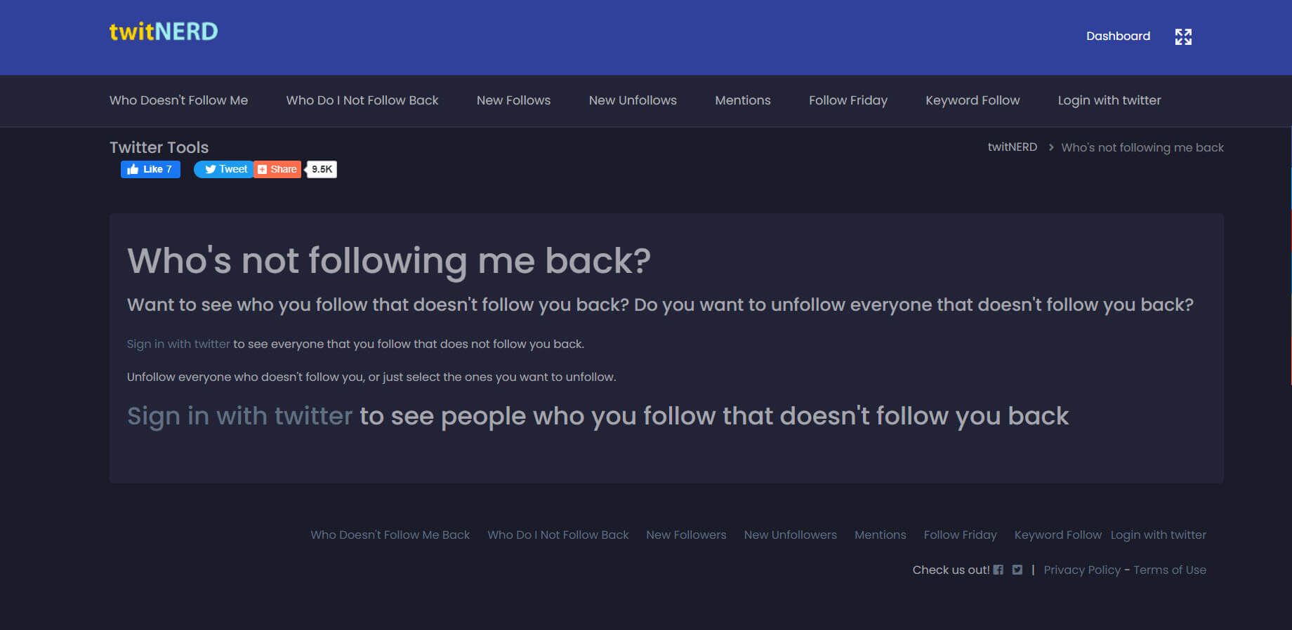 TwitNerd's dashboard with Who's not following me back on Twitter