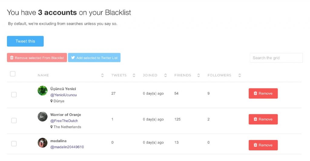 blacklist and whitelist Twitter accounts